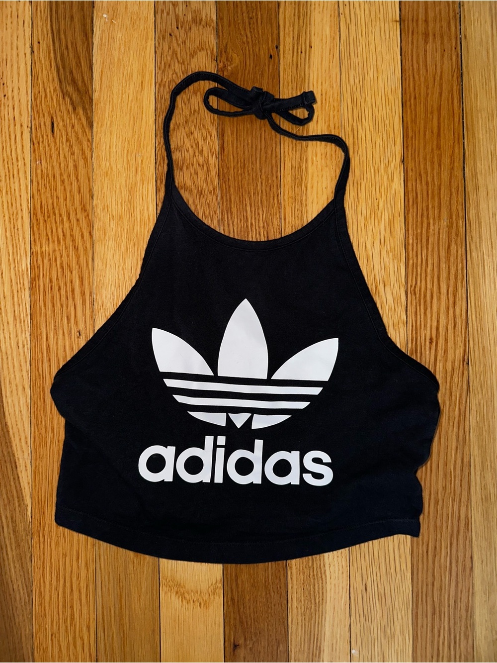adidas Black Crop Halter Top with White Trefoil Logo